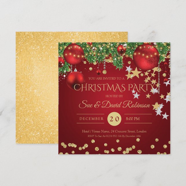 Elegant Gold Red Glitter Christmas Holiday Party Invitation (Front/Back)