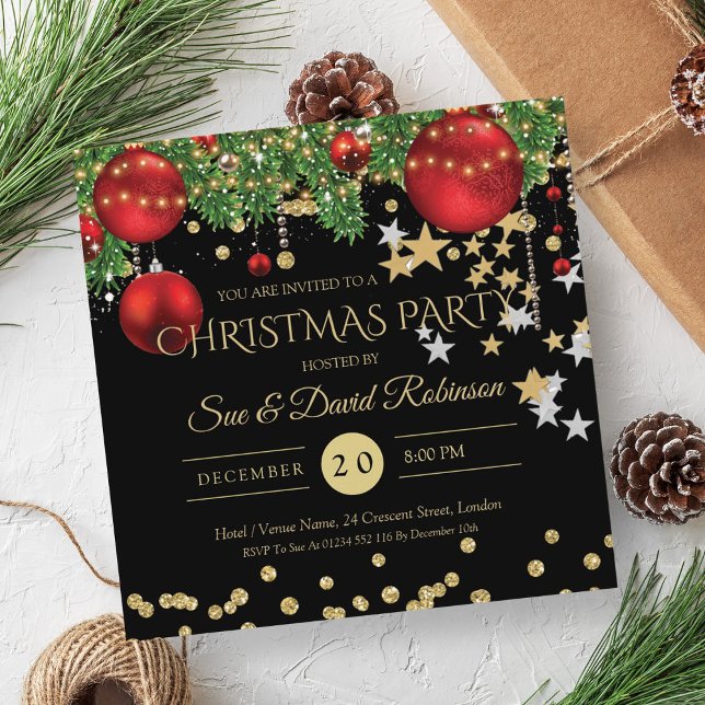 Elegant Gold Red Glitter Christmas Holiday Party Invitation (Elegant Gold Red Glitter Christmas Holiday Party Invitation)