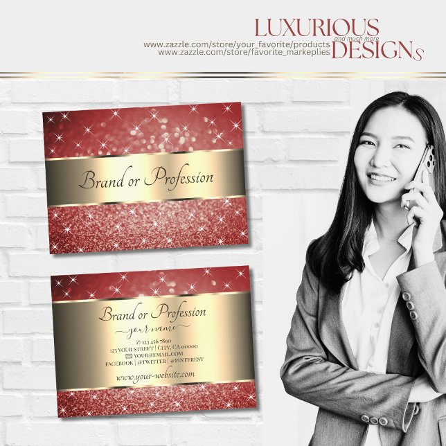 Elegant Gold Red Glitter Sparkle Stars Exquisite Business Card (Creator Uploaded)
