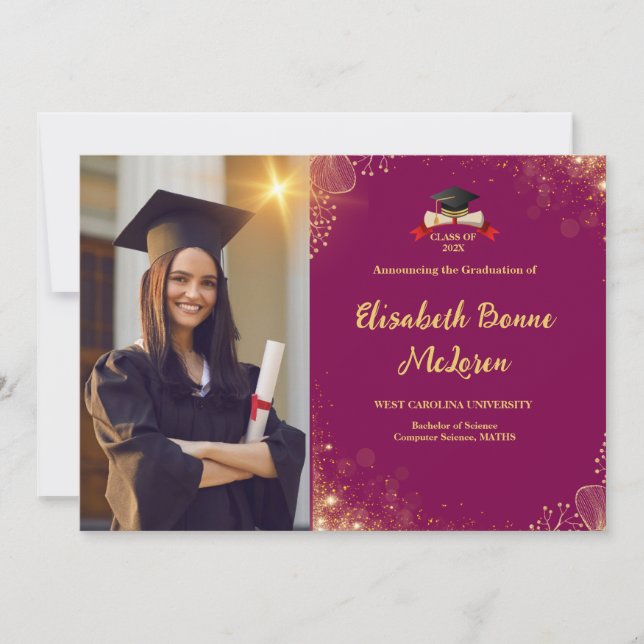 Elegant Gold & Red Graduation Announcements (Front)