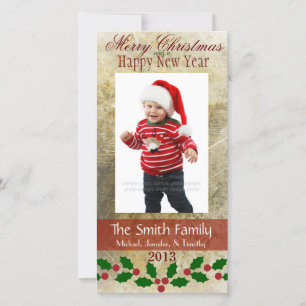 Elegant Gold Red & Green Holly Family Photo Card