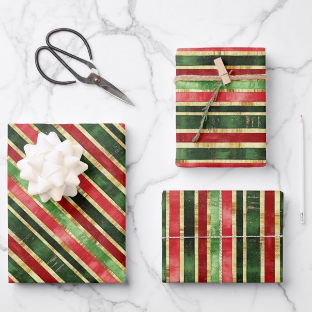 Elegant Gold Red Green Stripes Christmas Wrapping Paper Sheet (Front)