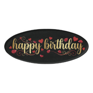 Elegant Gold & Red Heart Happy Birthday Romantic G Name Tag
