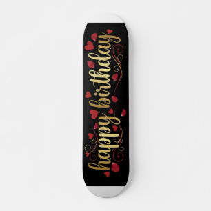 Elegant Gold & Red Heart Happy Birthday Romantic G Skateboard