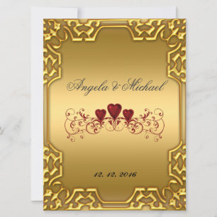 Elegant  Gold Red Hearts Wedding Invitation