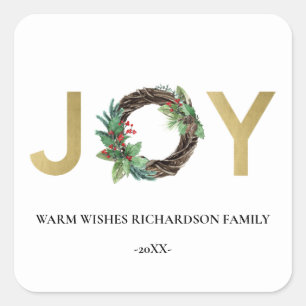ELEGANT GOLD RED HOLLY BERRY JOY WREATH CHRISTMAS SQUARE STICKER