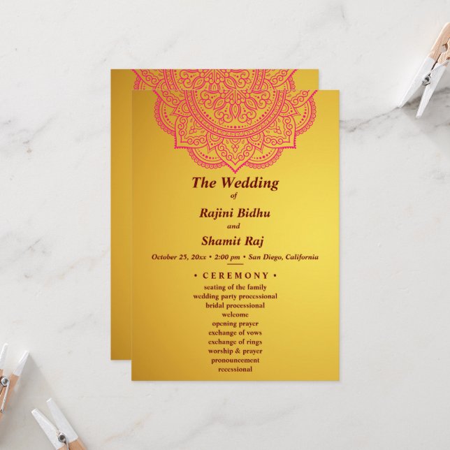 Elegant Gold Red Indian Paisley Wedding Ceremony Invitation (Front/Back In Situ)