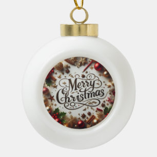 Elegant Gold & Red Merry Christmas Ceramic Ball Christmas Ornament