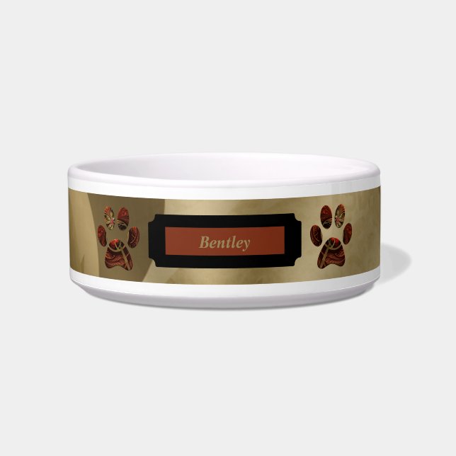 Elegant Gold Red Monogrammed Dog Bowl with Paws  (Front)