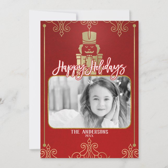 Elegant Gold & Red Nutcracker Holiday Photo Card (Front)