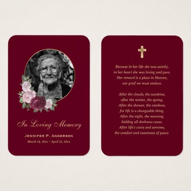 Elegant Gold Red Pink Floral Memorial Cards (Front & Back)