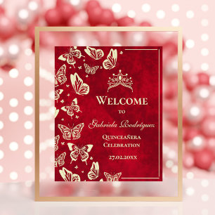 Elegant Gold Red Quinceañera Butterflies Welcome Poster