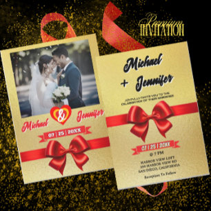 Elegant Gold & Red Ribbon Custom Photo Wedding  Invitation