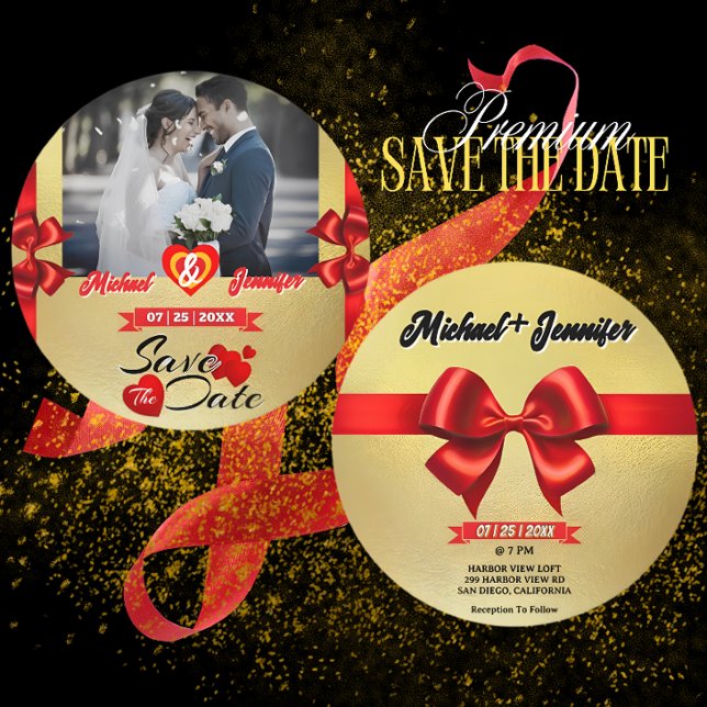 Elegant Gold & Red Ribbon Custom Photo Wedding  Save The Date (Creator Uploaded)