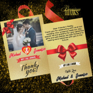 Elegant Gold & Red Ribbon Custom Photo Wedding Thank You Card