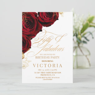 Elegant Gold & Red Rose 50th Birthday Party Invitation