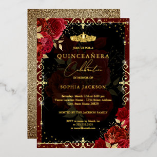 Elegant Gold Red Rose Quinceanera 