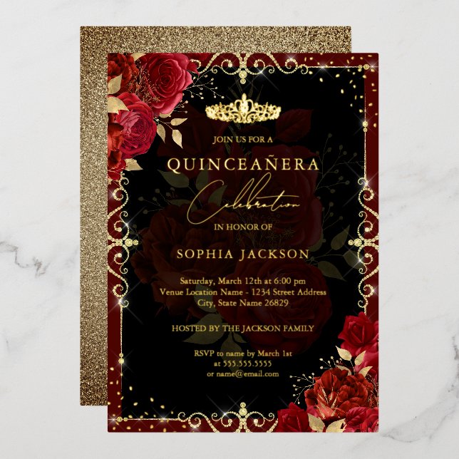 Elegant Gold Red Rose Quinceanera  (Front/Back)