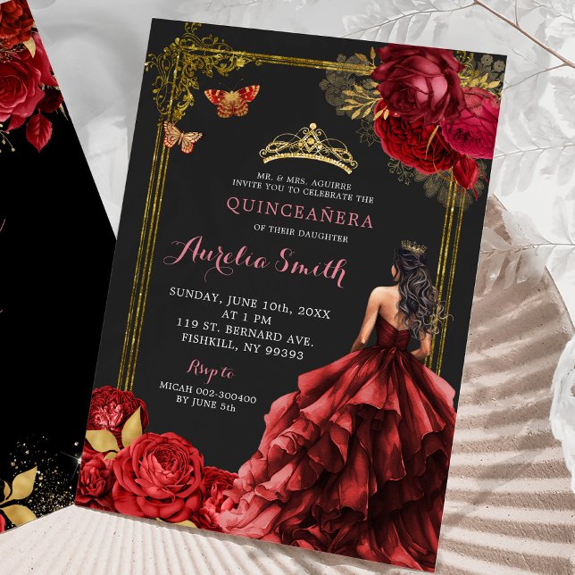Elegant Gold Red Roses Royal Quinceañera Invitation (Creator Uploaded)