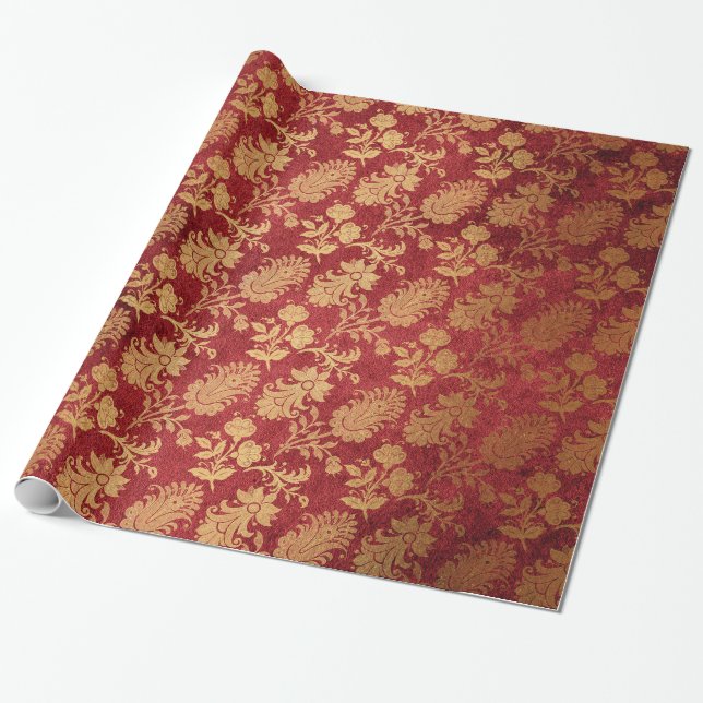 Elegant gold red royal damask floral pattern wrapping paper (Unrolled)