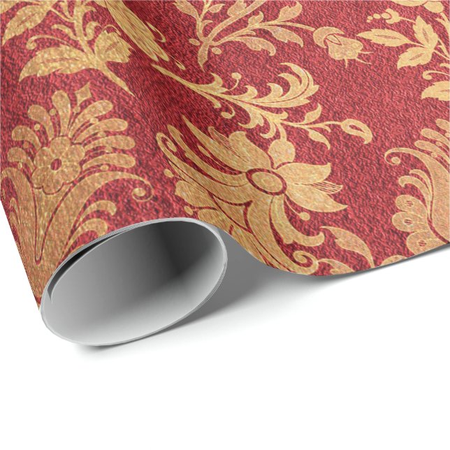 Elegant gold red royal damask floral pattern wrapping paper (Roll Corner)