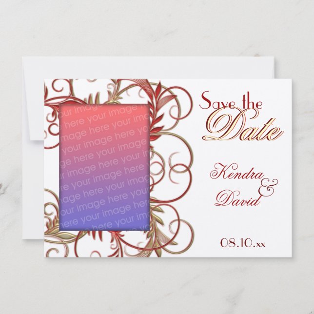 Elegant Gold Red "Save the Date" Flourish Cards (Front)