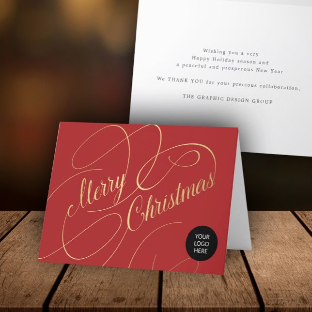 Elegant gold red script business corporate logo holiday card (Creator Uploaded)