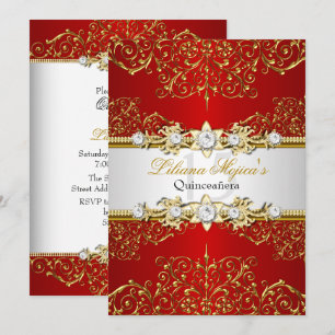 Elegant Gold Red Vintage Glamour Quinceanera Invitation