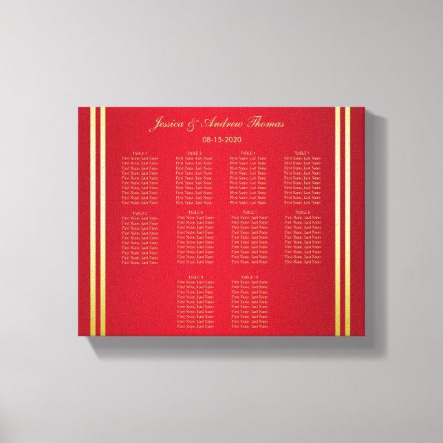 Elegant Gold & Red, Wedding Rings Seating Chart Canvas Print (Front)