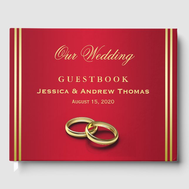 Elegant Gold & Red, Wedding Rings Wedding Guest Book (Front)