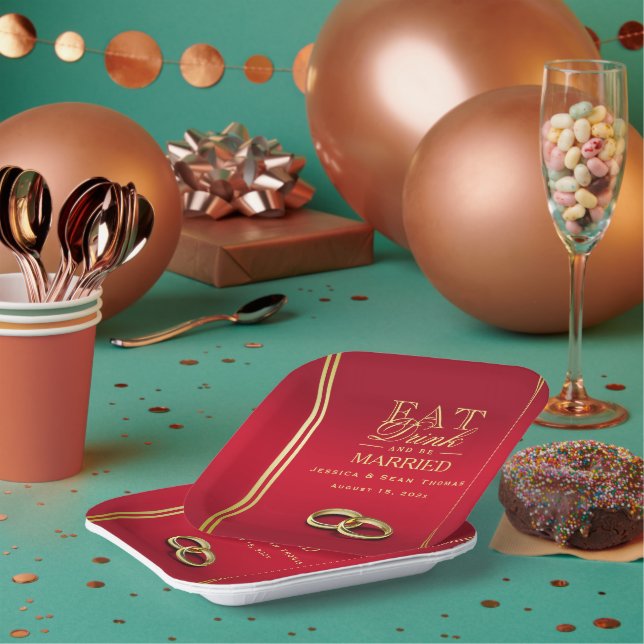 Elegant Gold & Red, Wedding Rings Wedding Paper Plate (Multi)