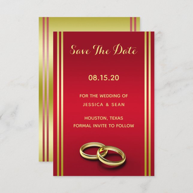 Elegant Gold & Red, Wedding Rings Wedding Save The Date (Front/Back)