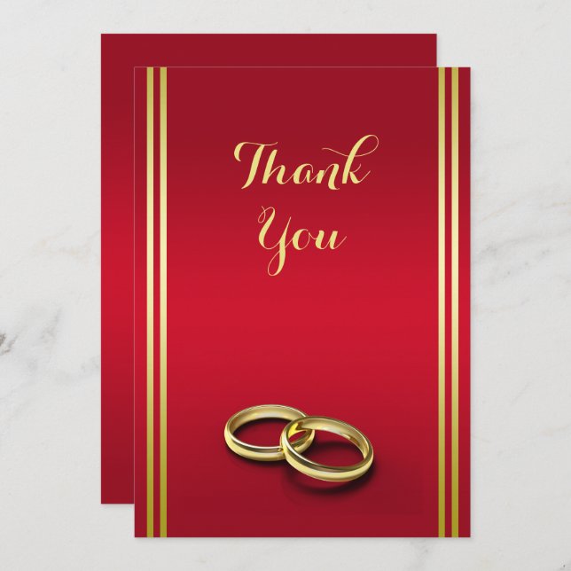 Elegant Gold & Red, Wedding Rings Wedding Thank You Card (Front/Back)