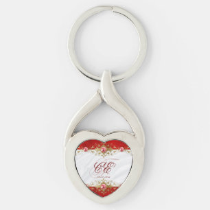 Elegant Gold Red White Wedding Monogram Key Ring