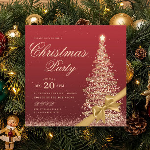 Elegant Gold Red Winter Christmas Tree Bow Party Invitation