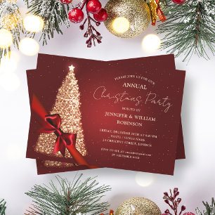 Elegant Gold Red Xmas Tree Ribbon Holiday Party Invitation