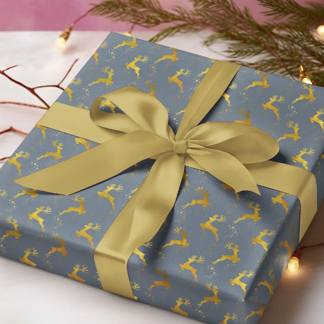 Elegant Gold Reindeer Blue Christmas Holiday Wrapping Paper (Creator Uploaded)