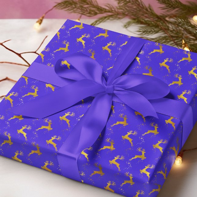 Elegant Gold Reindeer Blue Christmas Holiday Wrapping Paper (Creator Uploaded)
