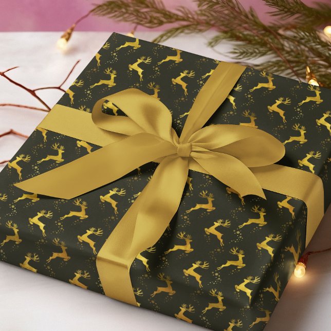Elegant Gold Reindeer Green Christmas Holiday Wrapping Paper (Creator Uploaded)