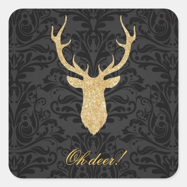 Elegant Gold Reindeer Head Silhouette Black Damask Square Sticker (Front)