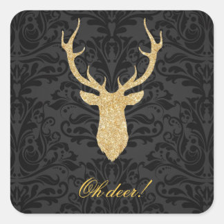 Elegant Gold Reindeer Head Silhouette Black Damask Square Sticker