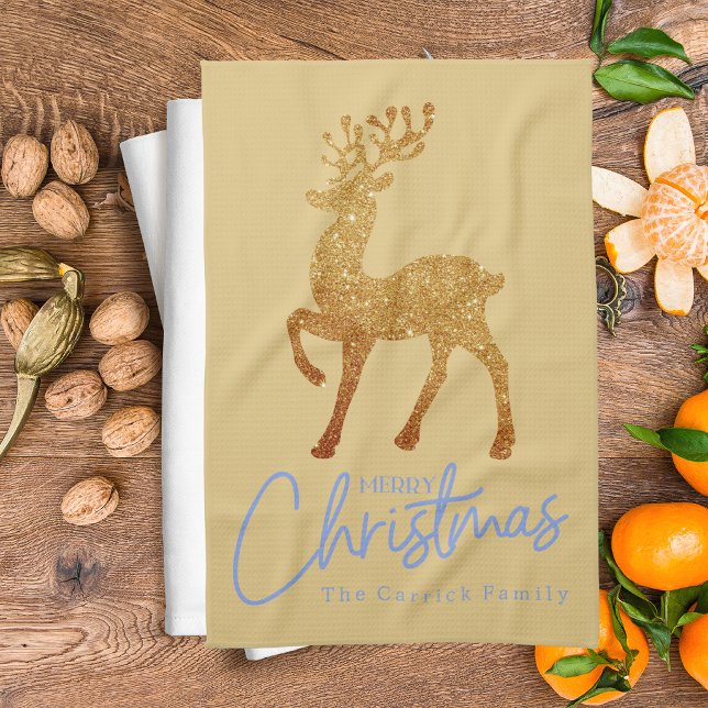 Elegant Gold Reindeer Merry Christmas Script Tea Towel (Creator Uploaded)