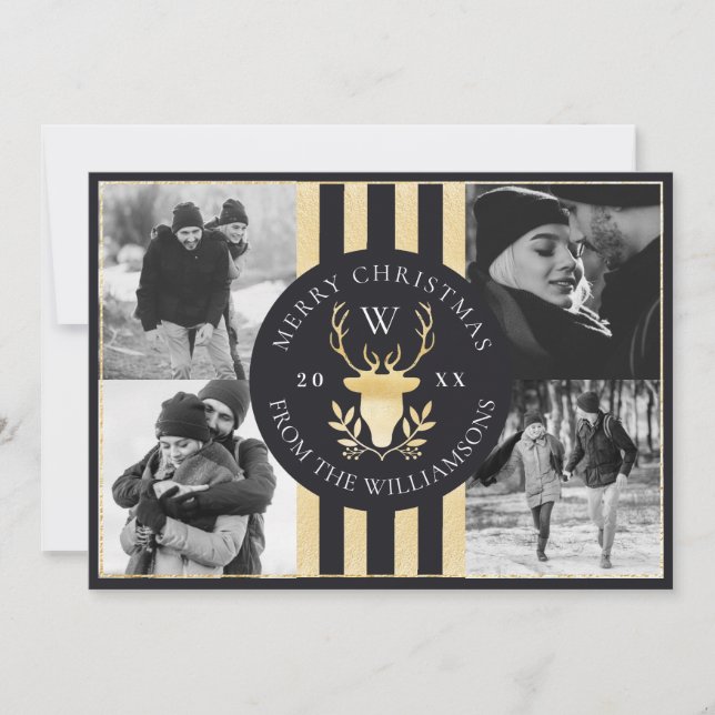 Elegant Gold Reindeer Monogram Crest Wedding Photo Holiday Card (Front)