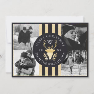 Elegant Gold Reindeer Monogram Crest Wedding Photo Holiday Card