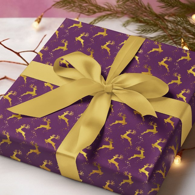 Elegant Gold Reindeer Purple Christmas Holiday Wrapping Paper (Creator Uploaded)
