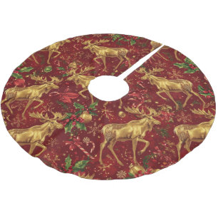 Elegant gold reindeer red merry christmas pattern brushed polyester tree skirt