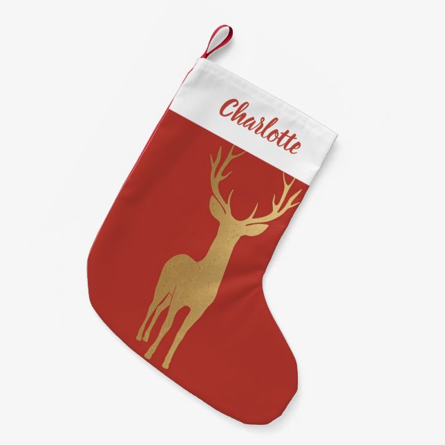 Elegant gold reindeer red merry christmas pattern small christmas stocking (Front (Hanging))