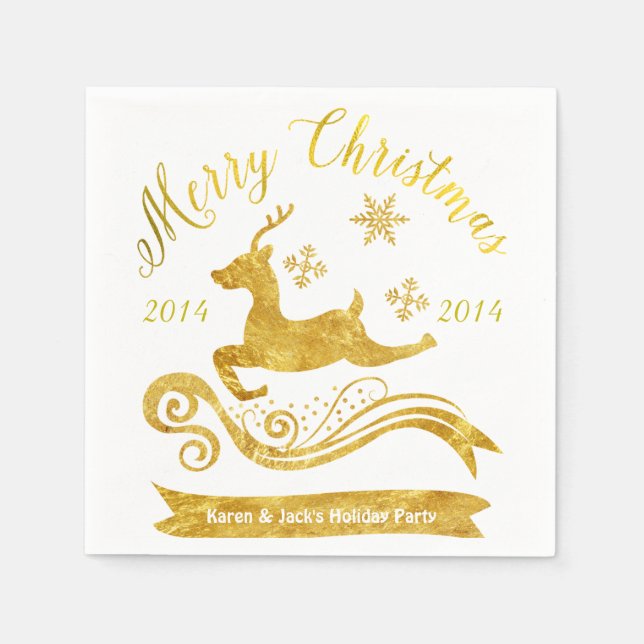 Elegant Gold Reindeer & Snowflake Cocktail Napkins (Front)