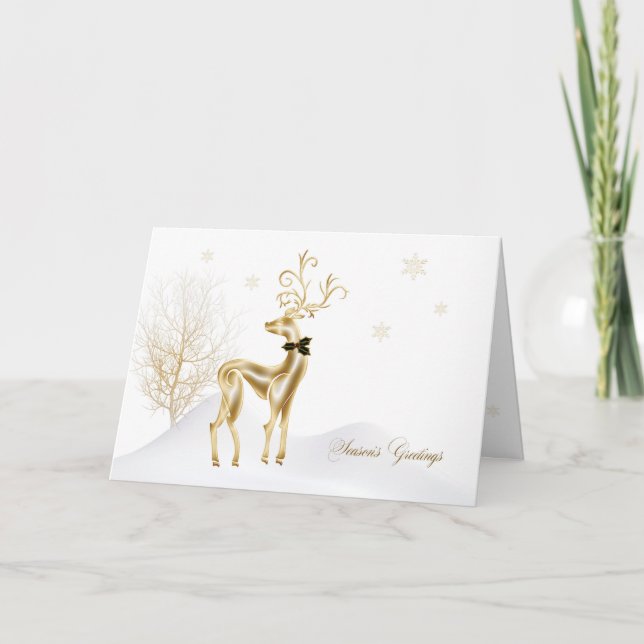 Elegant Gold Reindeer, Winter Scene Holiday Card (Front)