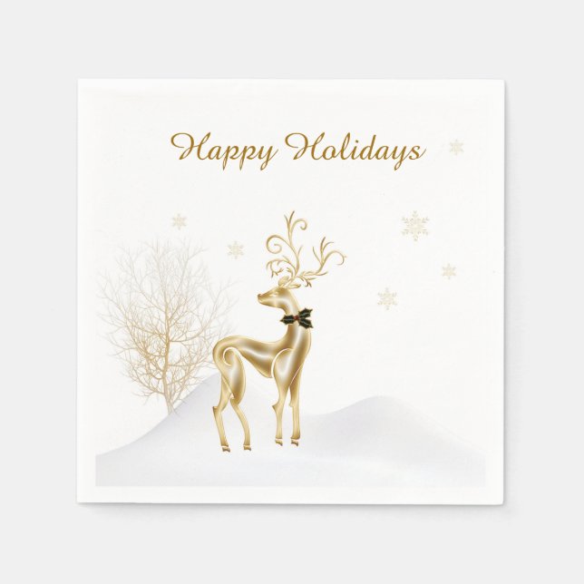 Elegant Gold Reindeer, Winter Scene Napkin (Front)